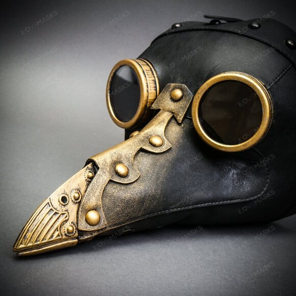 Black Steampunk Plague Doctor w/ GOLD Goggle Short Bird Beak Halloween Mask - Picture 5 of 6